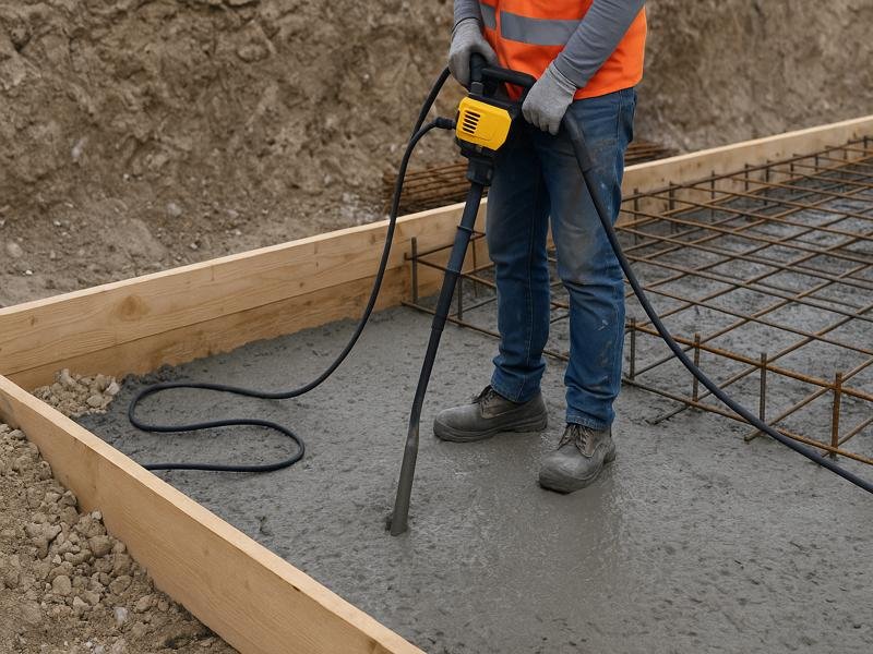 Internal needle vibrator being used in concrete slab showing proper insertion technique for concrete compaction
