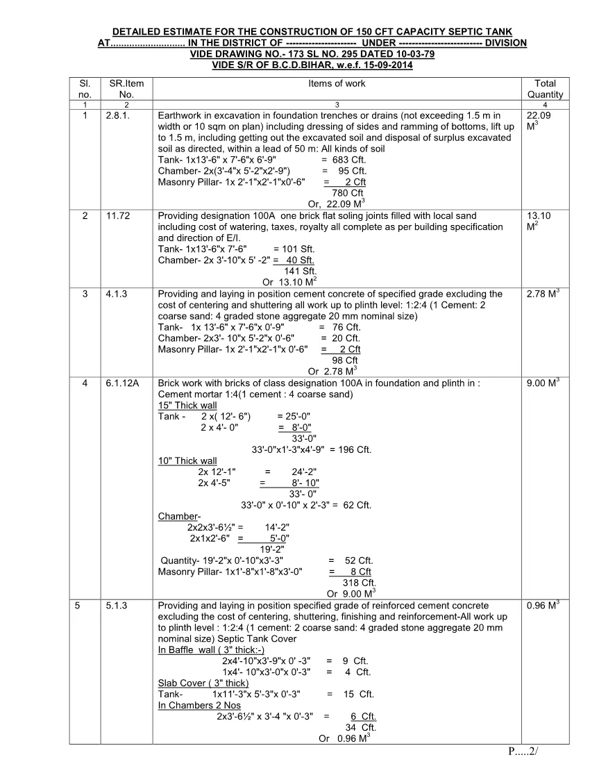 150 CFT CAPACITY SEPTIC TANK DETAIL ESTIMATE