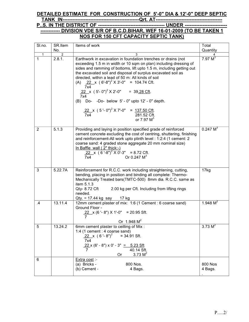 150 CFT CAPACITY SEPTIC TANK DETAIL ESTIMATE