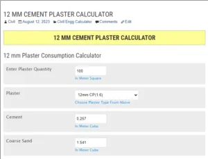 12 MM CEMENT PLASTER CALCULATOR