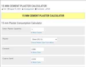 15 MM CEMENT PLASTER CALCULATOR