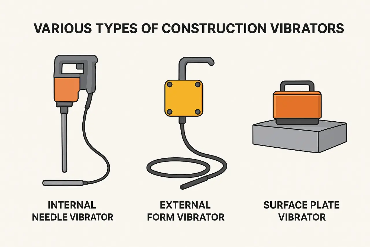 Various Types of vibrators used in construction including internal needle vibrator, external form vibrator and surface plate vibrator used for concrete compaction